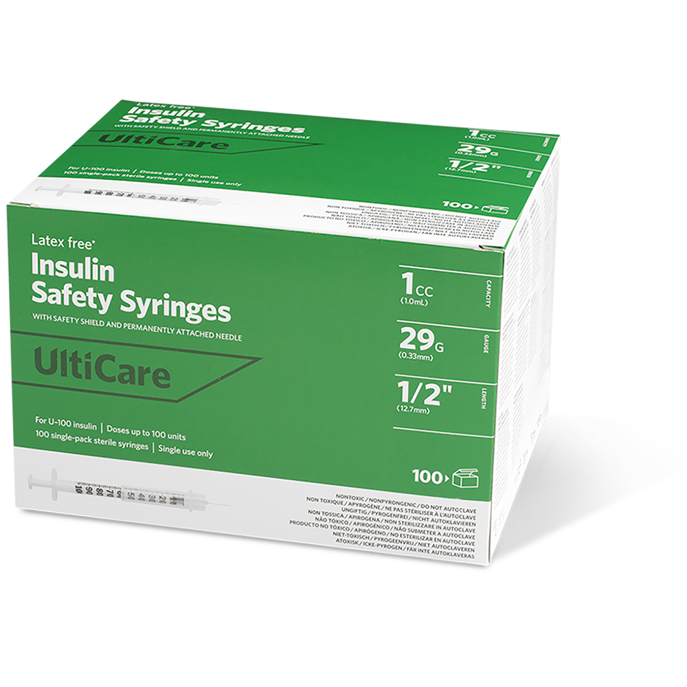 Syringe 1cc Insulin w/Fixed Needle Safety UltiCare U-100 1 mL/cc 12.7mm (1/2') x 29G (100/BX 5BX/CS) by UltiMed, Inc.  ID 03219